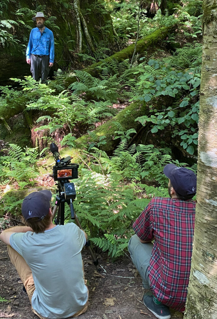 Filmmakers Colin Hodgson and Lucas Fappiano frame Botanist Jared Lockwood for an upcoming film on Ice Glen that was funded in part by the Stockbridge Community Preservation Committee. Photo: Patrick White