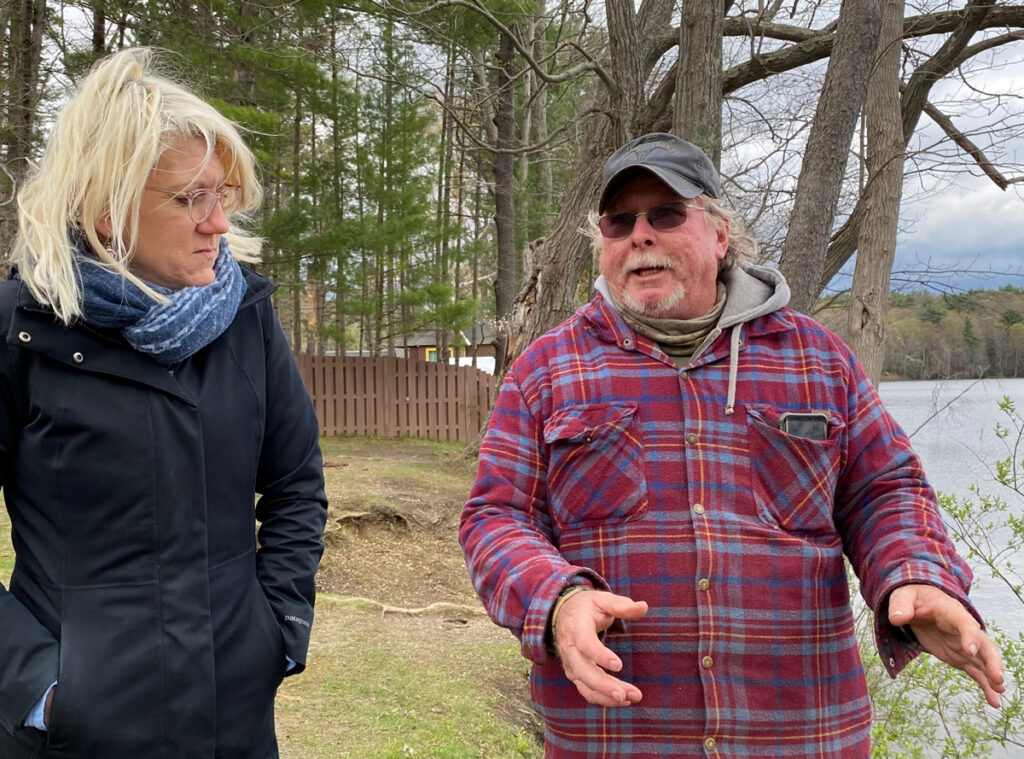 Jamie Minacci, chair of the Stockbridge Bowl Stewardship Committee, met with Dan Miraglia, a member of the Board of Directors of the Berkshire County League of Sportsmen, to discuss the League's suggestions for the Bowl and ways to make the Boat Ramp easier to use for motorized boats and kayakers.
